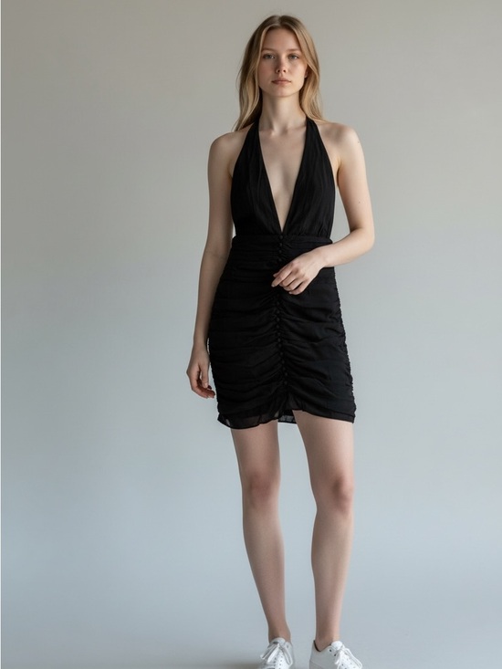 Dresses & Skirts - Black Halter Ruched Mini Dress - Women